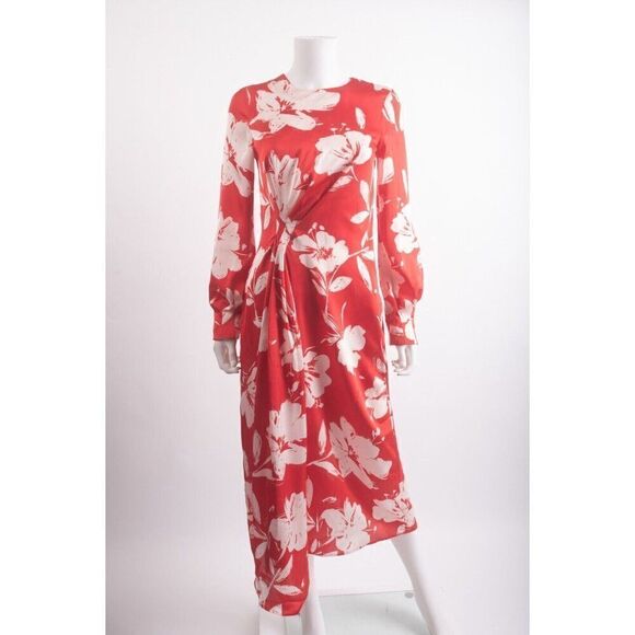 Zara Dresses & Skirts - Zara Womans Midi Dress Size XS Satin Red White Floral Long Sleeve 2581/117 NWT